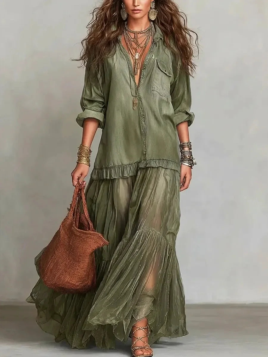 Elegante Denim Maxi-Jurk met Organza Zoom en Tailleceintuur