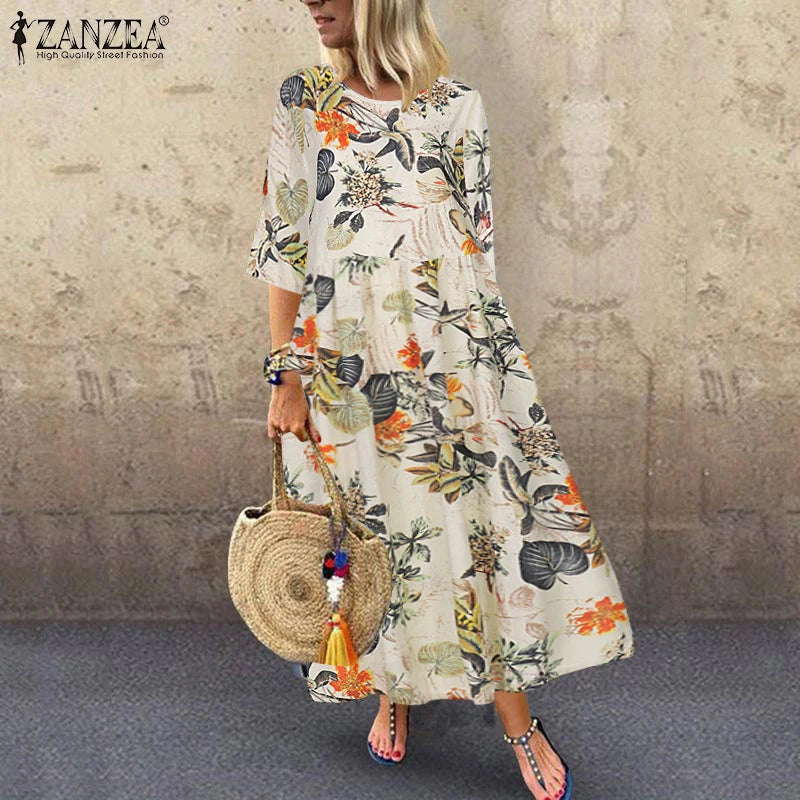 Bohemian Zomerjurk met Bloemenprint en Korte Mouwen