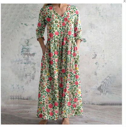 Elegante Maxi Jurk met V-Hals, Print en Lange Mouwen
