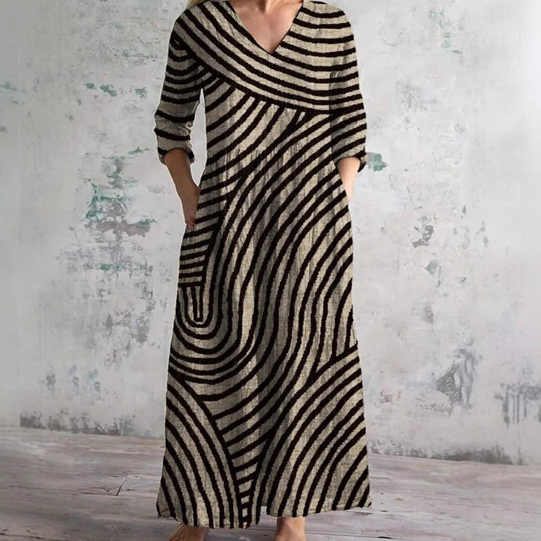 Elegante Maxi Jurk met V-Hals, Print en Lange Mouwen
