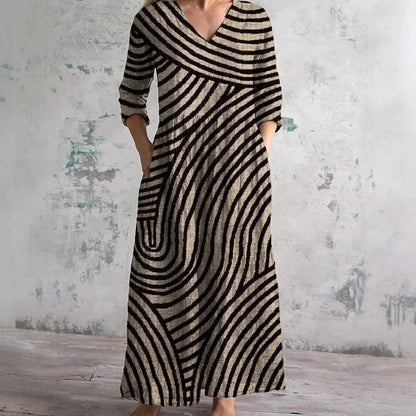 Elegante Maxi Jurk met V-Hals, Print en Lange Mouwen