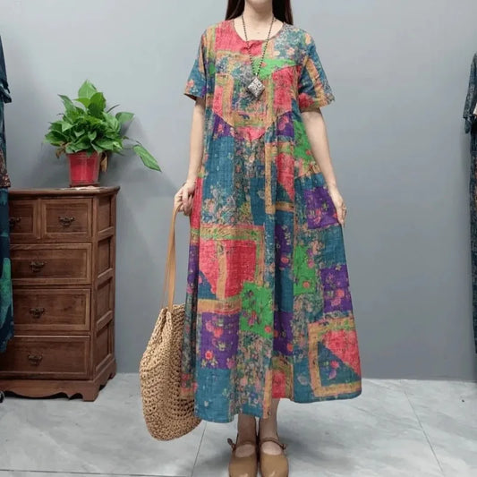 Bohemian Maxi Jurk met Patchwork Print en Korte Mouwen