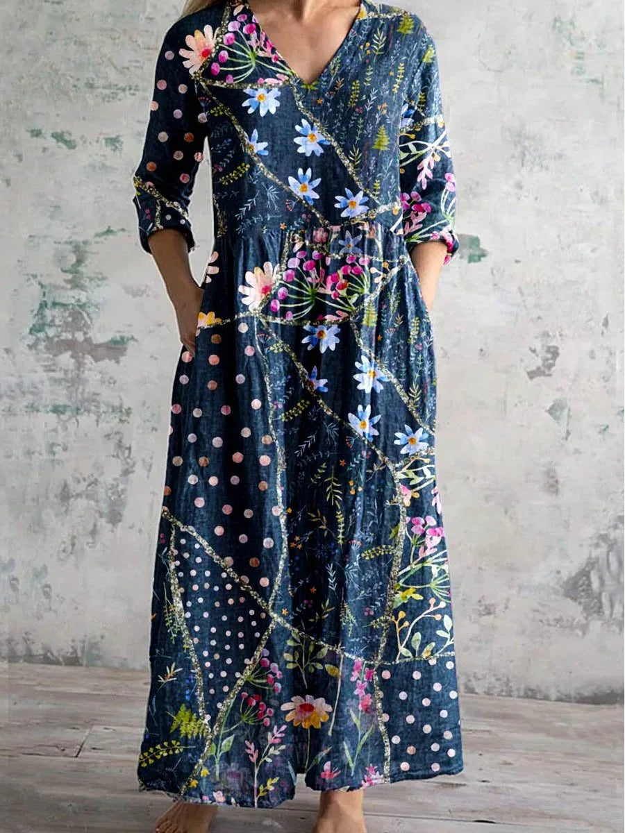 Elegante Maxi Jurk met V-Hals, Print en Lange Mouwen