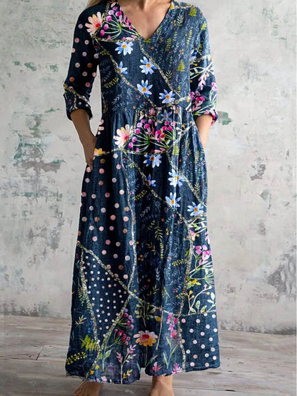 Elegante Maxi Jurk met V-Hals, Print en Lange Mouwen