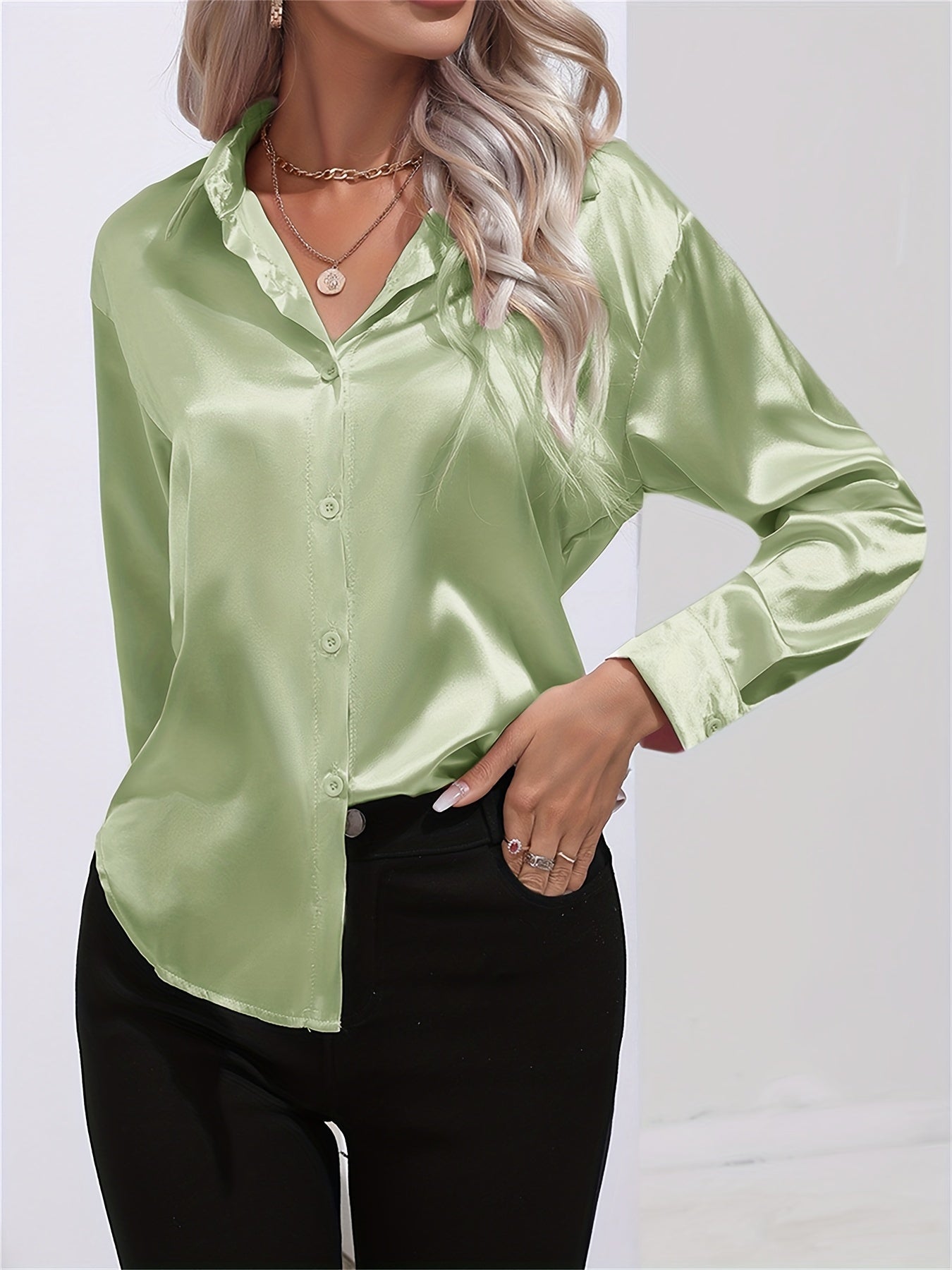 Satin Lange Mouwen Blouse - Lapel Kraag & Lichtgewicht Stof