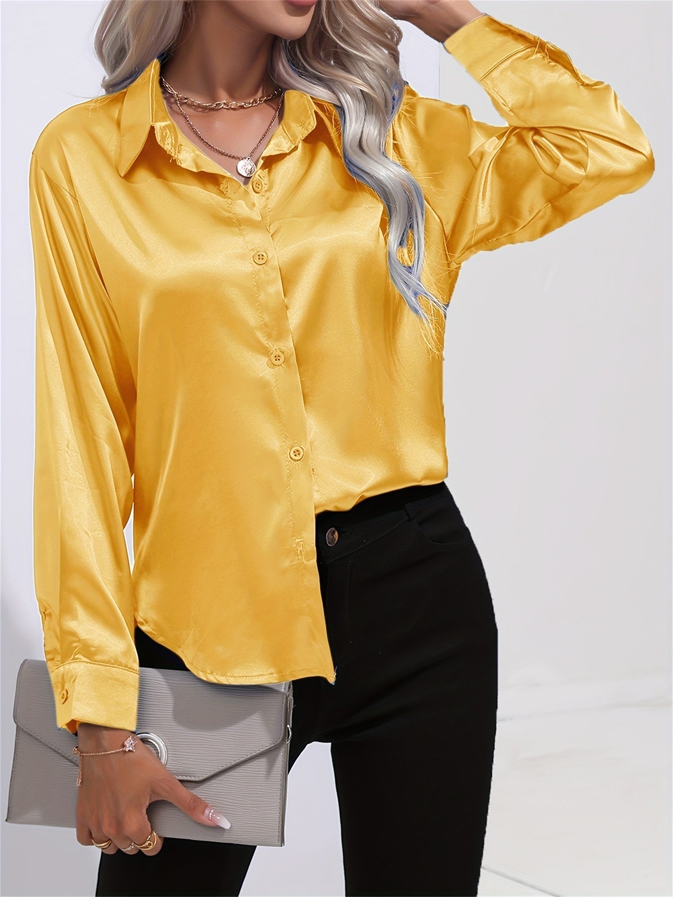 Satin Lange Mouwen Blouse - Lapel Kraag & Lichtgewicht Stof