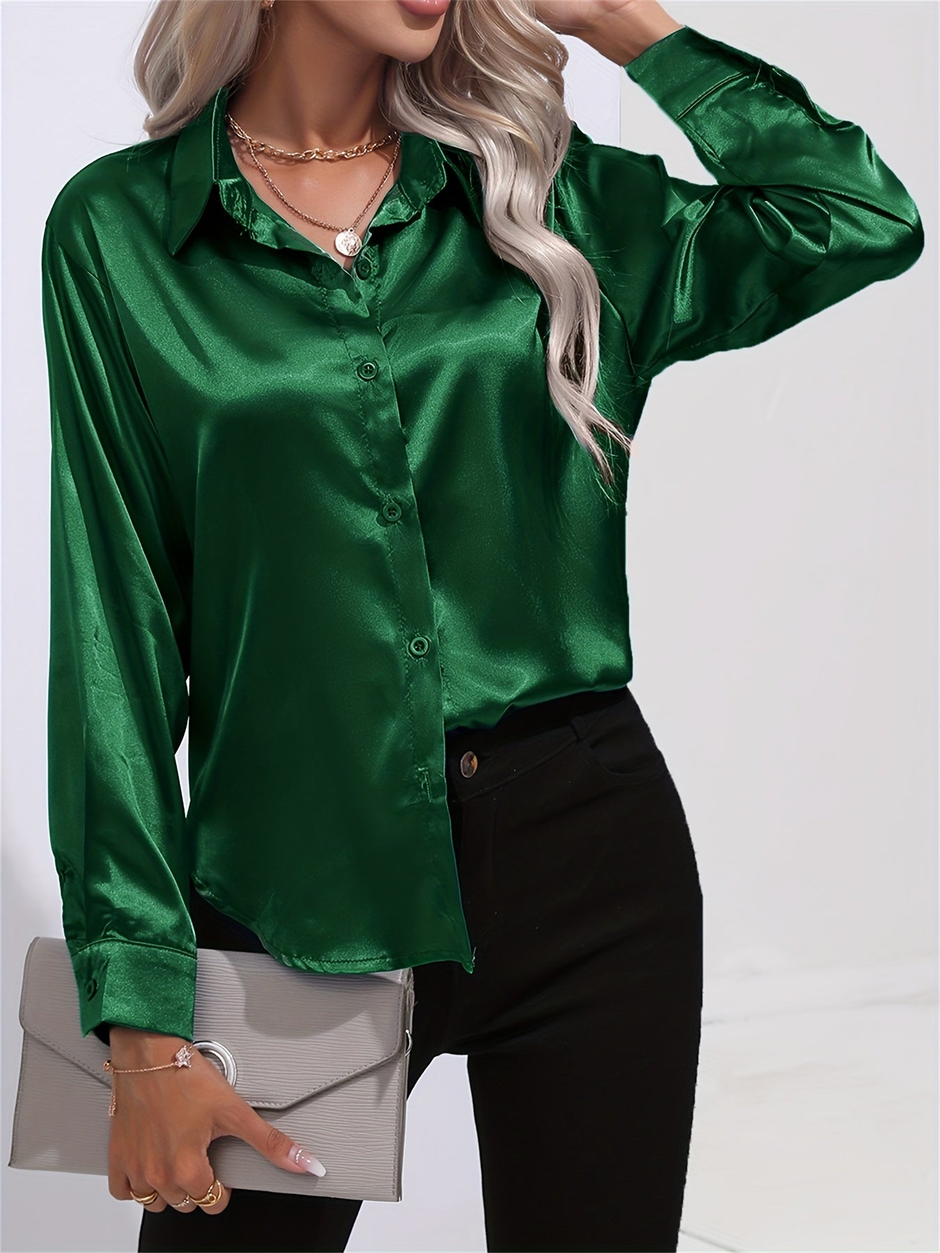 Satin Lange Mouwen Blouse - Lapel Kraag & Lichtgewicht Stof