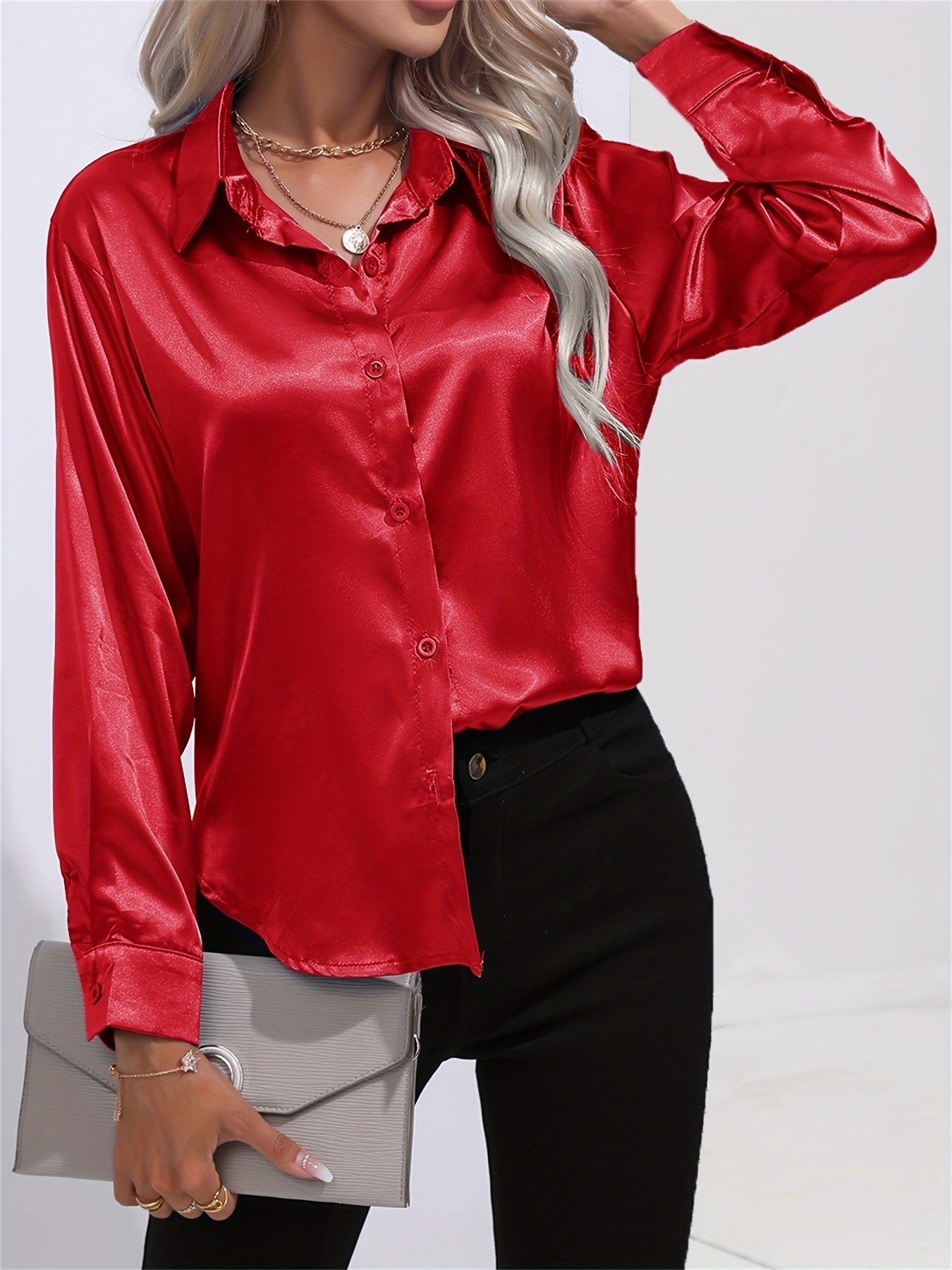 Satin Lange Mouwen Blouse - Lapel Kraag & Lichtgewicht Stof