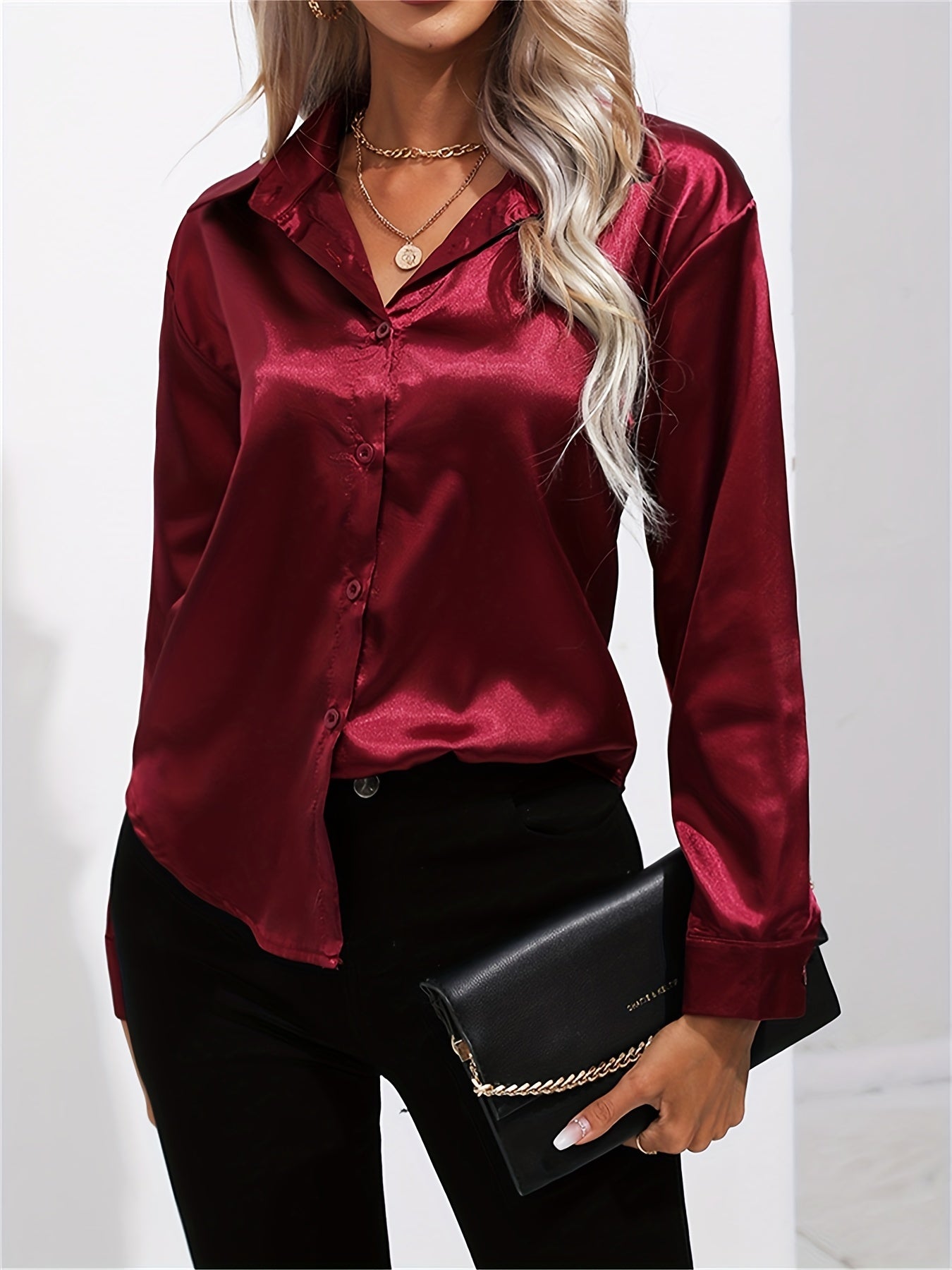 Satin Lange Mouwen Blouse - Lapel Kraag & Lichtgewicht Stof