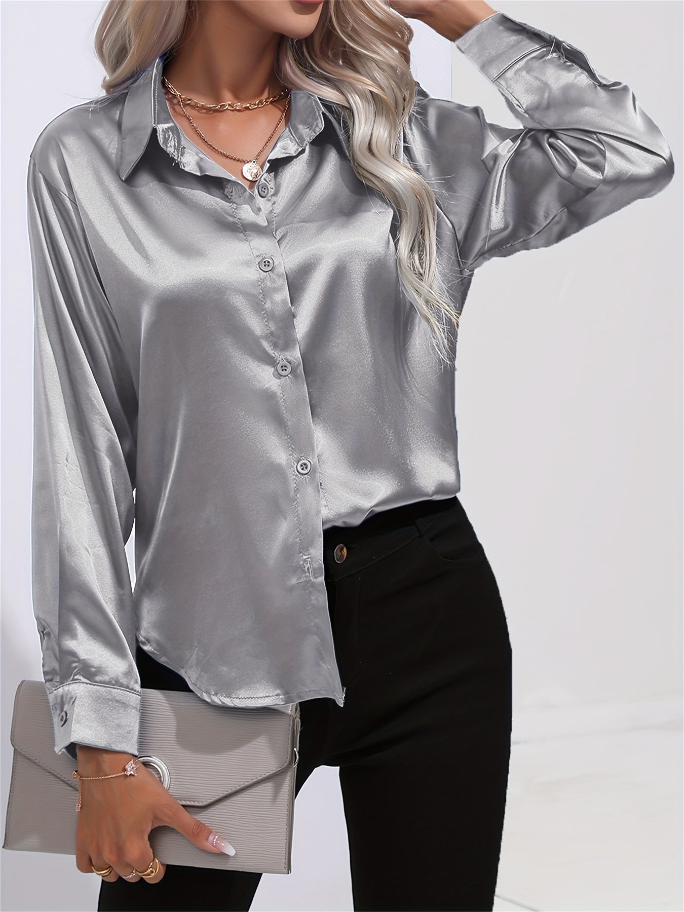 Satin Lange Mouwen Blouse - Lapel Kraag & Lichtgewicht Stof