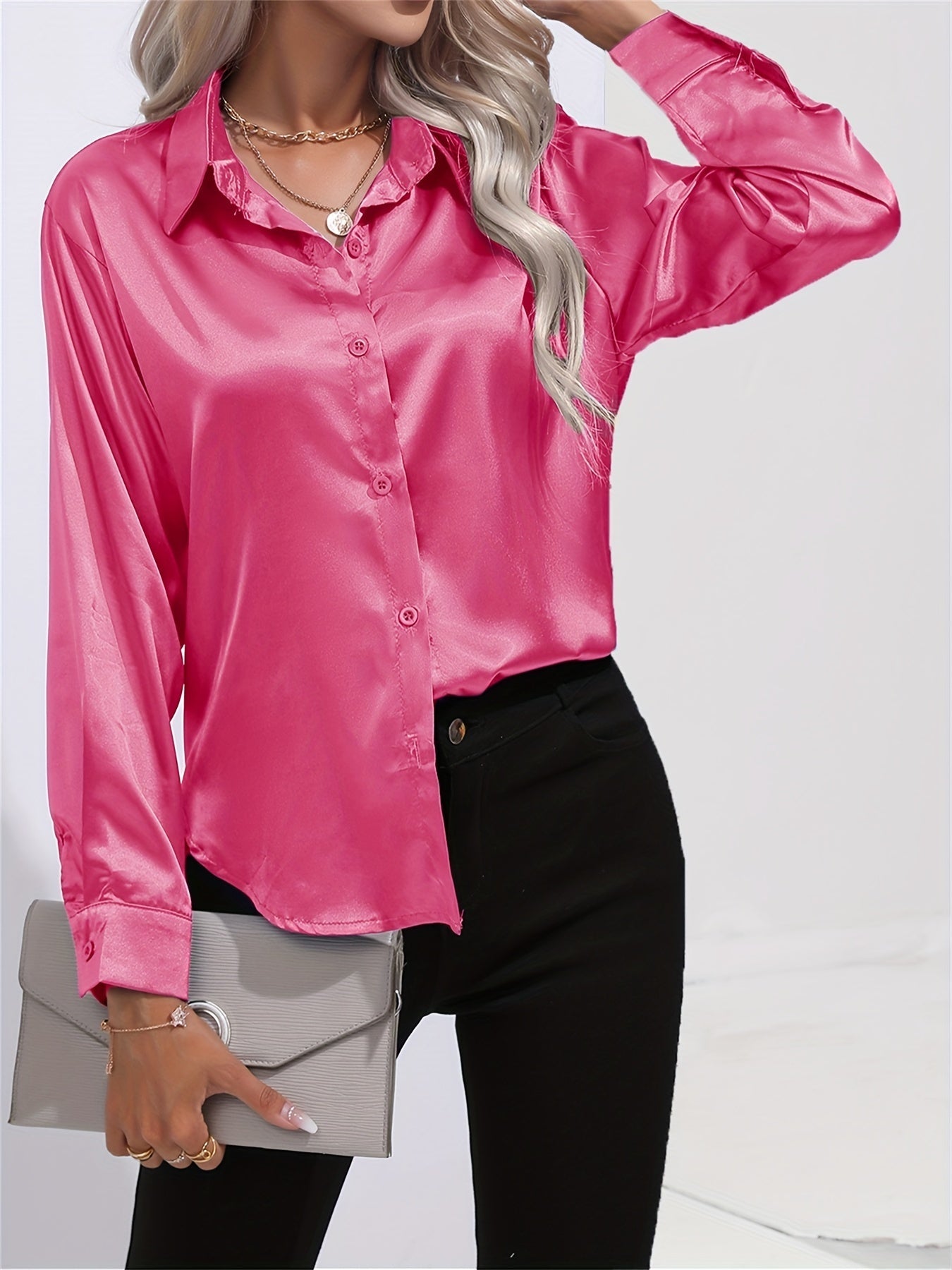 Satin Lange Mouwen Blouse - Lapel Kraag & Lichtgewicht Stof
