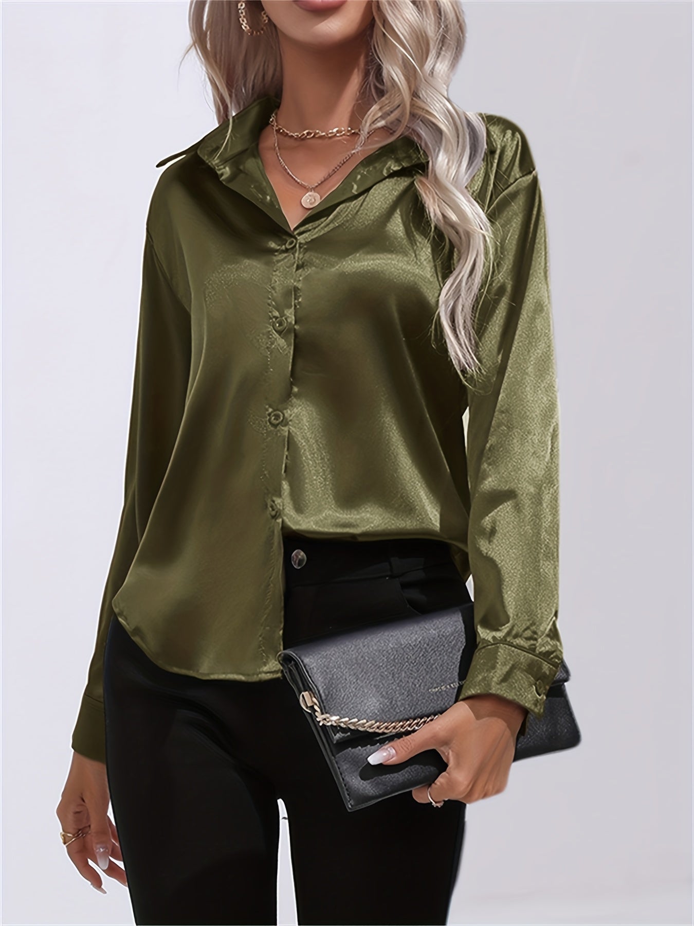 Satin Lange Mouwen Blouse - Lapel Kraag & Lichtgewicht Stof