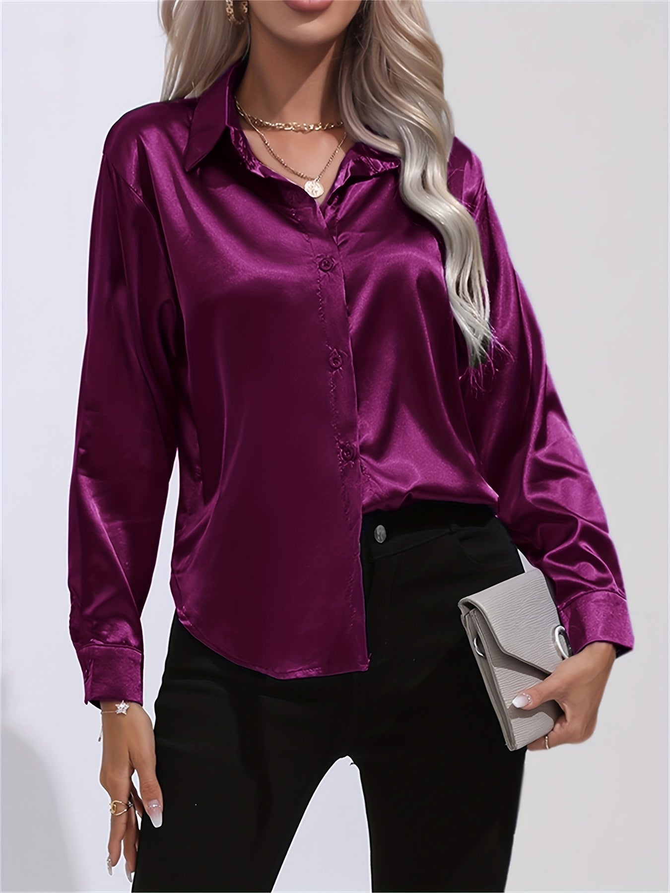 Satin Lange Mouwen Blouse - Lapel Kraag & Lichtgewicht Stof