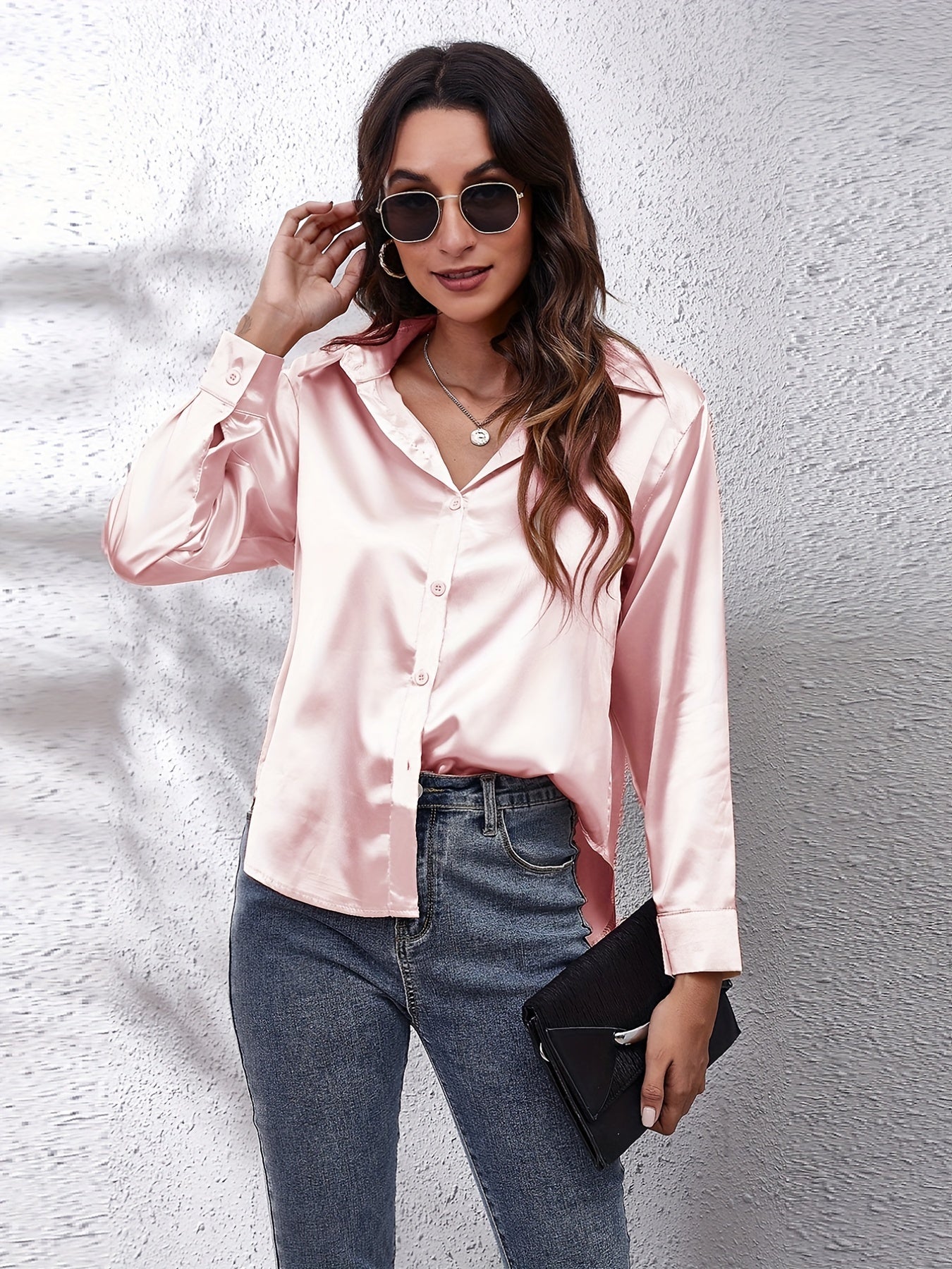 Satin Strik-Voorkant Shirt - Lange Mouwen & Revers Kraag Design