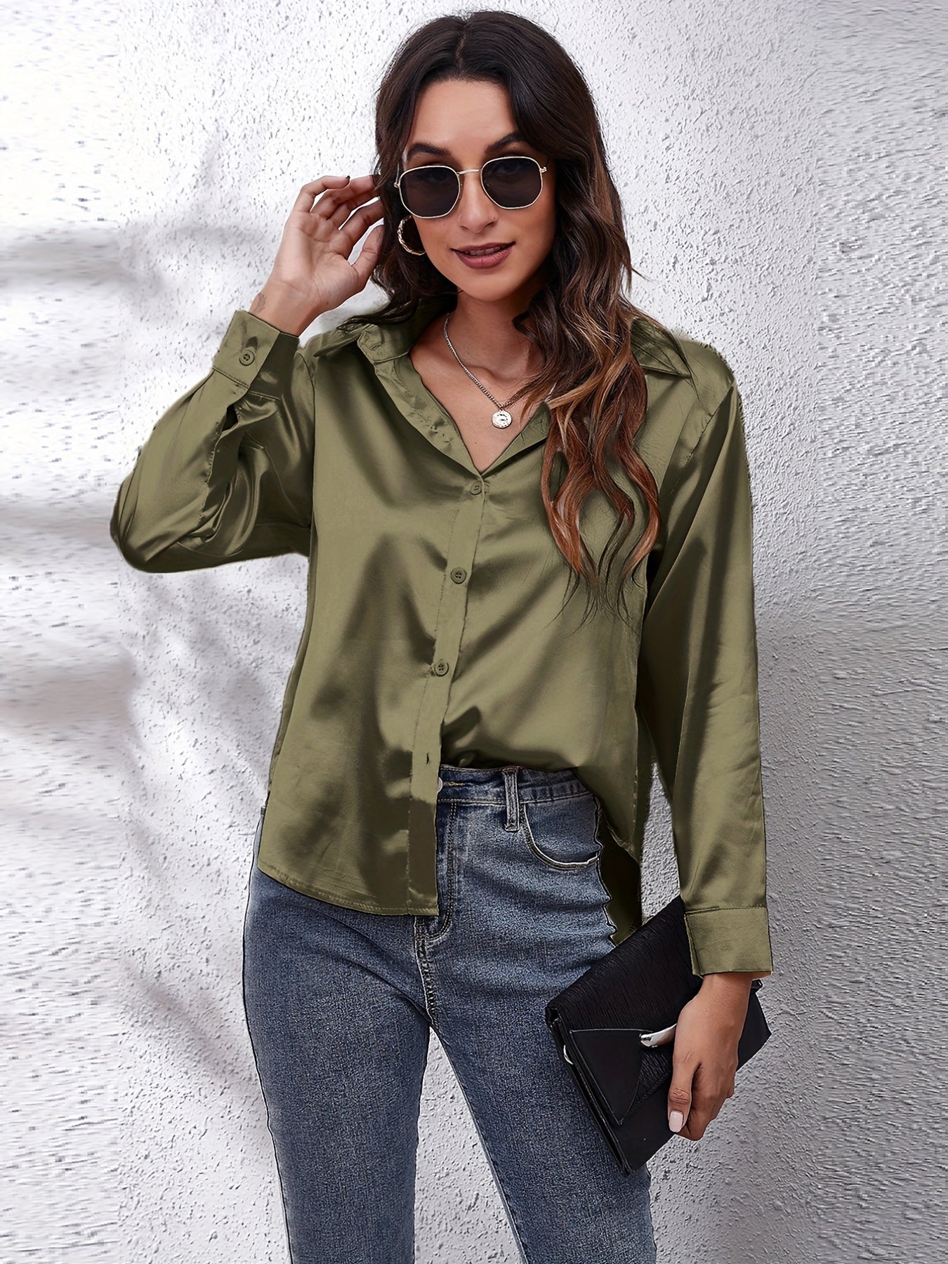 Satin Strik-Voorkant Shirt - Lange Mouwen & Revers Kraag Design