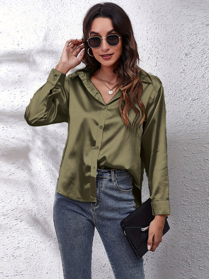 Satin Strik-Voorkant Shirt - Lange Mouwen & Revers Kraag Design