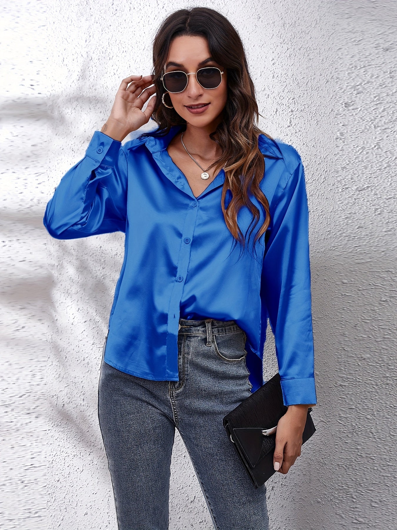 Satin Strik-Voorkant Shirt - Lange Mouwen & Revers Kraag Design