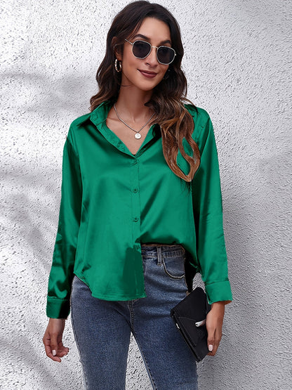 Satin Strik-Voorkant Shirt - Lange Mouwen & Revers Kraag Design