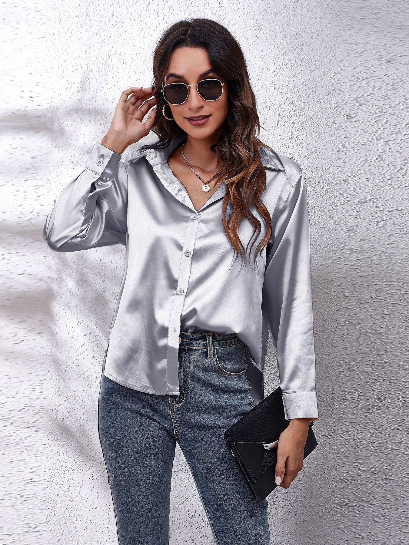 Satin Strik-Voorkant Shirt - Lange Mouwen & Revers Kraag Design