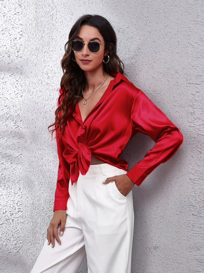 Satin Strik-Voorkant Shirt - Lange Mouwen & Revers Kraag Design