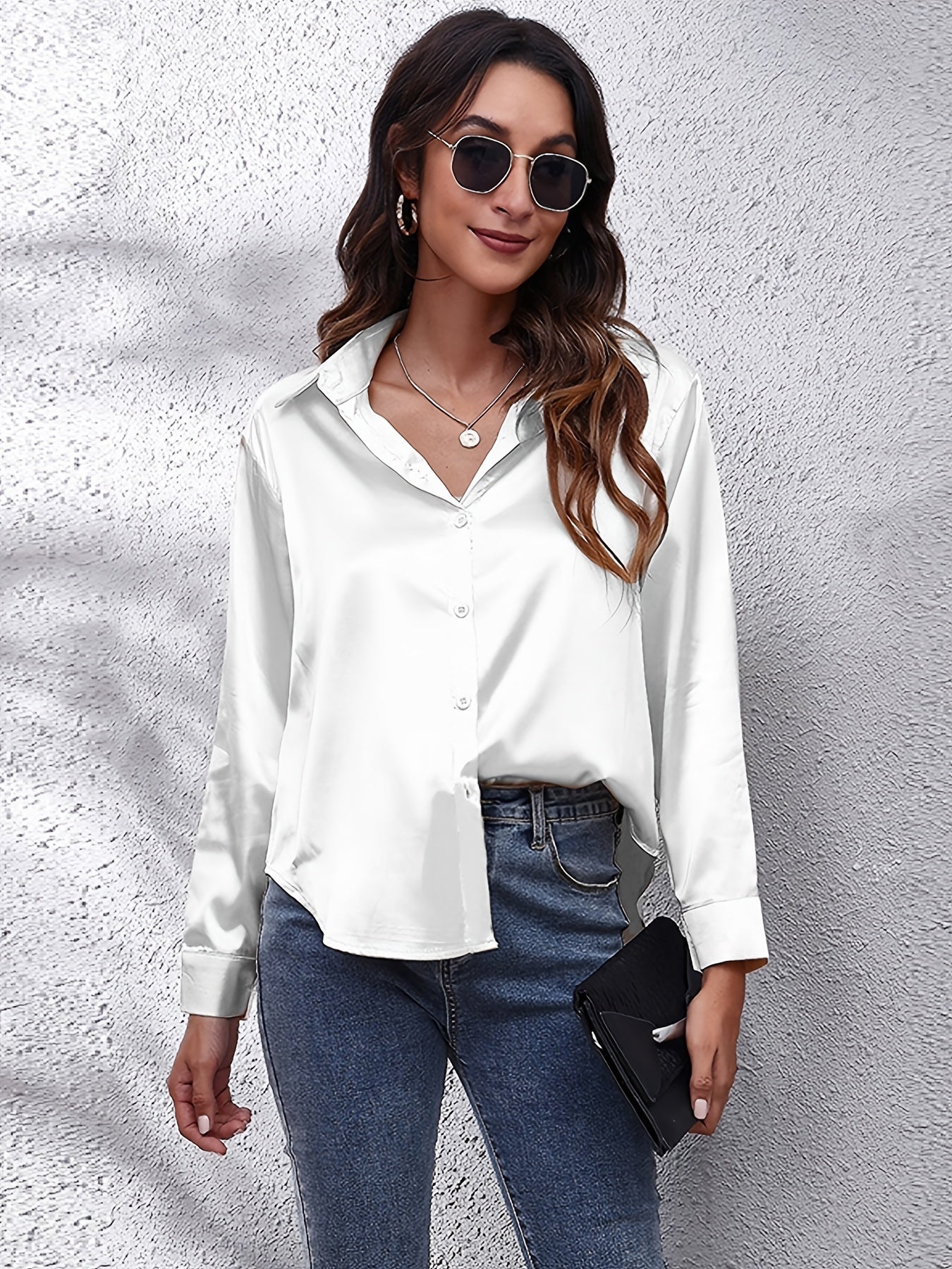 Satin Strik-Voorkant Shirt - Lange Mouwen & Revers Kraag Design