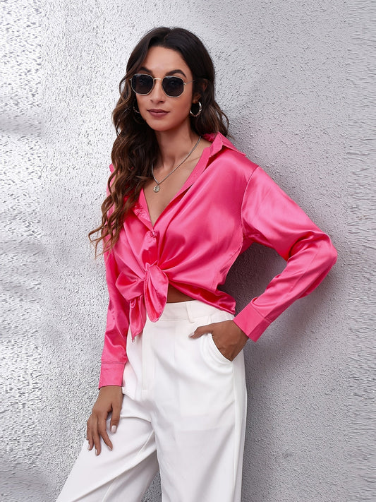 Satin Strik-Voorkant Shirt - Lange Mouwen & Revers Kraag Design