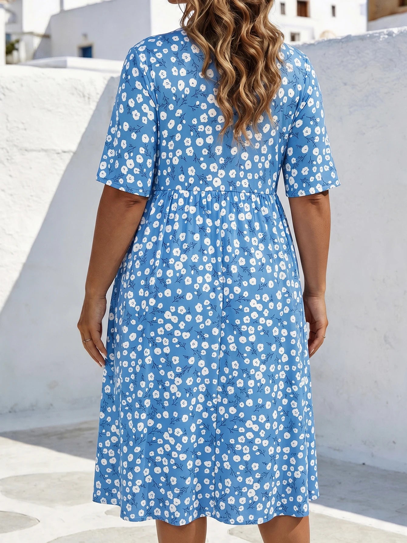Celeste | Blauwe Midi Jurk met Bloemenprint en Zakken