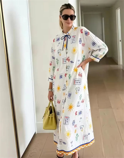Elise | Lange Zomerjurk met Print en Mouwen