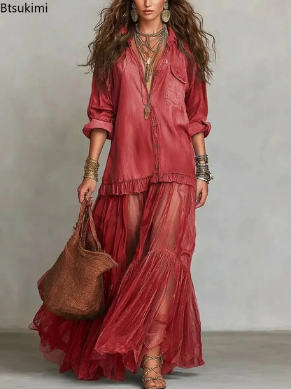Elegante Denim Maxi-Jurk met Organza Zoom en Tailleceintuur