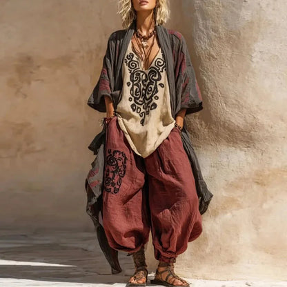 Elara™ Boho 3-Delige Dames Set met Kimono en Wijde Broek