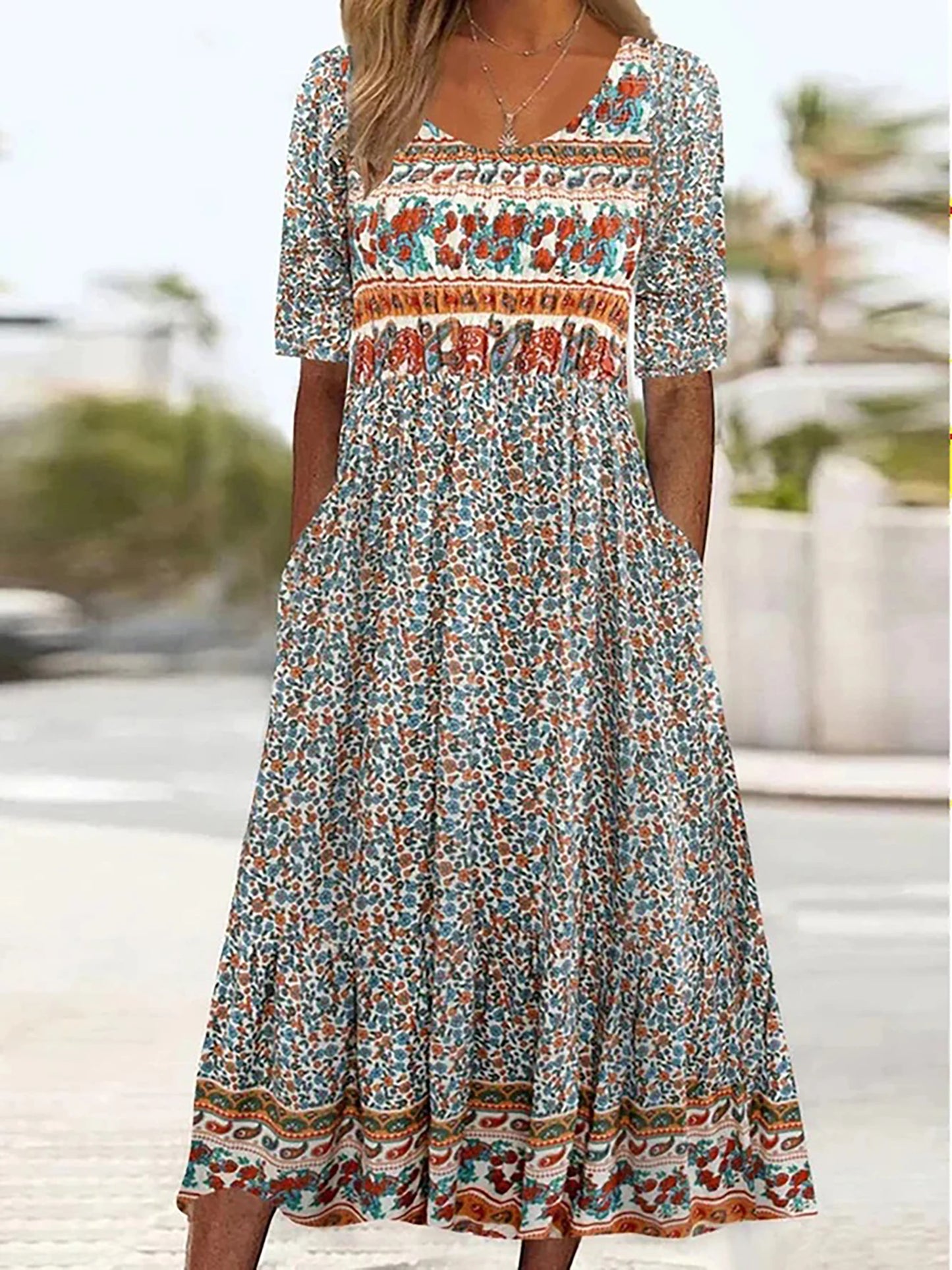 Bohemian Zomerjurk met Print en Korte Mouwen