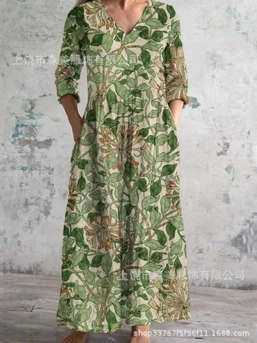 Elegante Maxi Jurk met V-Hals, Print en Lange Mouwen