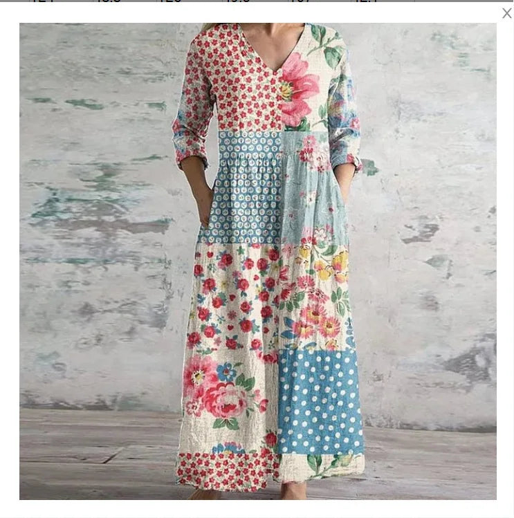 Elegante Maxi Jurk met V-Hals, Print en Lange Mouwen