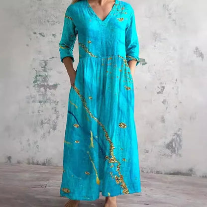 Elegante Maxi Jurk met V-Hals, Print en Lange Mouwen