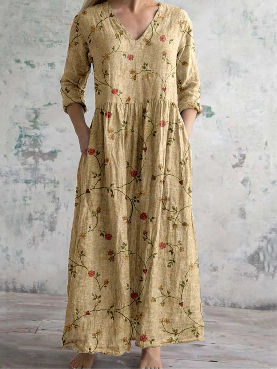 Elegante Maxi Jurk met V-Hals, Print en Lange Mouwen