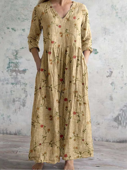Elegante Maxi Jurk met V-Hals, Print en Lange Mouwen