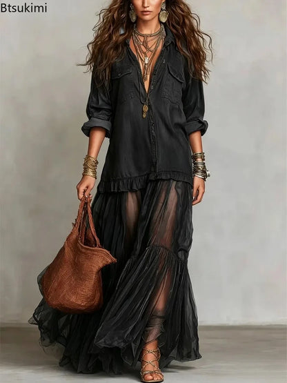 Elegante Denim Maxi-Jurk met Organza Zoom en Tailleceintuur