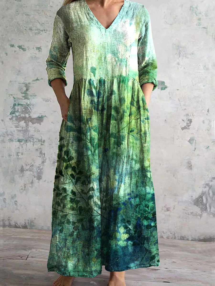 Elegante Maxi Jurk met V-Hals, Print en Lange Mouwen