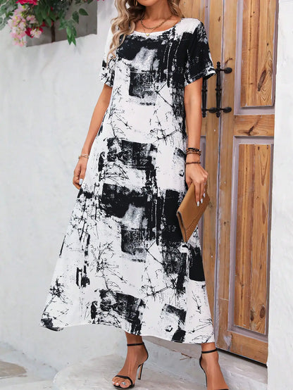 Noëlle | Zwart-Witte Maxi Jurk met Abstracte Print