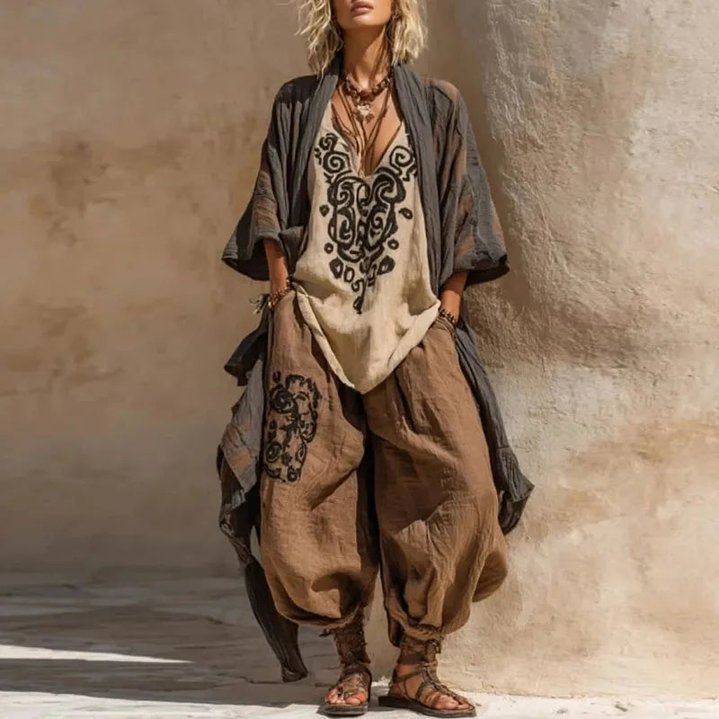 Elara™ Boho 3-Delige Dames Set met Kimono en Wijde Broek