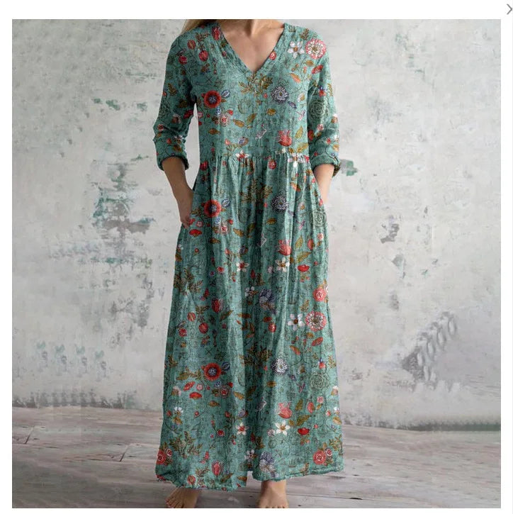 Elegante Maxi Jurk met V-Hals, Print en Lange Mouwen