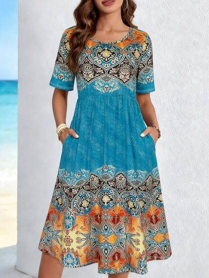 Boho Midi-Jurk met Tailleaccent en Zijzakken
