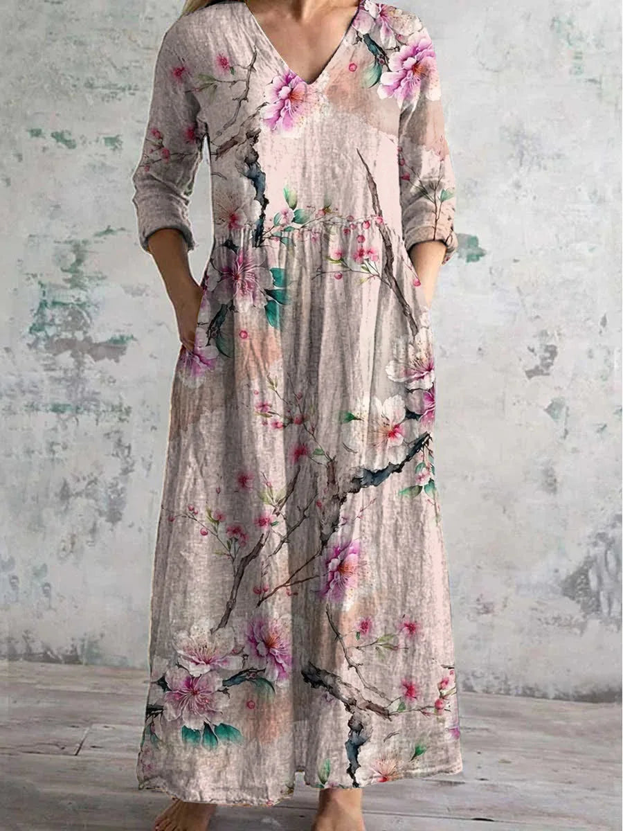 Elegante Maxi Jurk met V-Hals, Print en Lange Mouwen