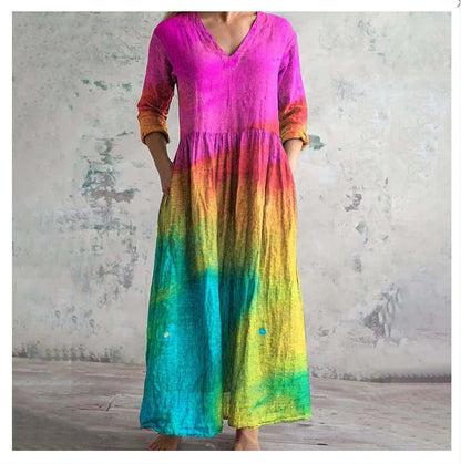 Elegante Maxi Jurk met V-Hals, Print en Lange Mouwen