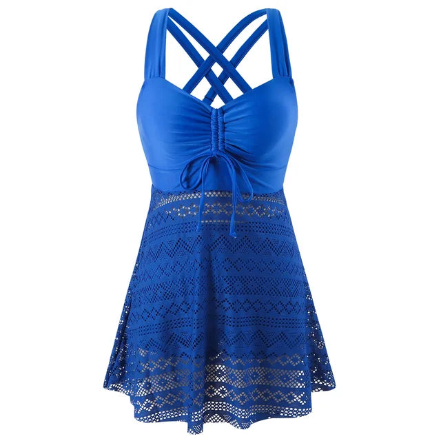 Elegante tankini die het buikje verbergt, met kanten rokje