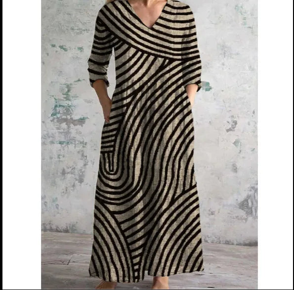 Elegante Maxi Jurk met V-Hals, Print en Lange Mouwen