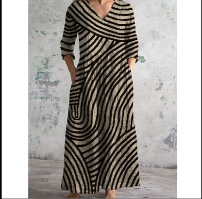 Elegante Maxi Jurk met V-Hals, Print en Lange Mouwen