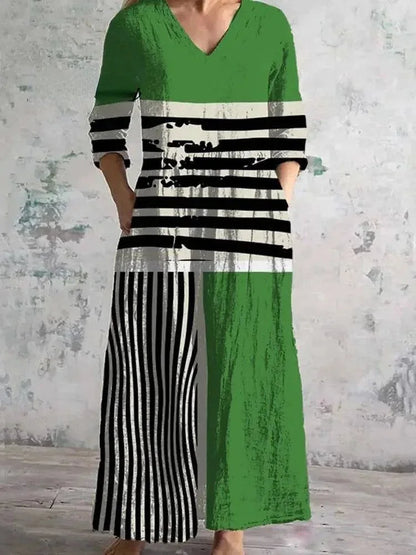 Elegante Maxi Jurk met V-Hals, Print en Lange Mouwen