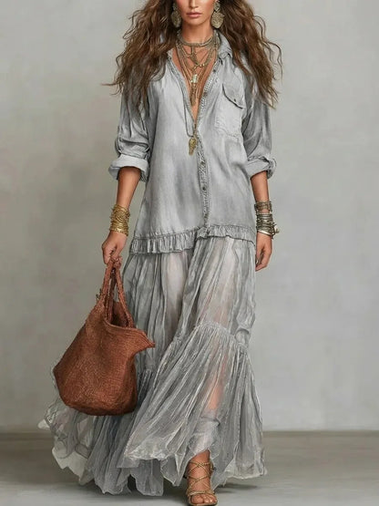 Elegante Denim Maxi-Jurk met Organza Zoom en Tailleceintuur