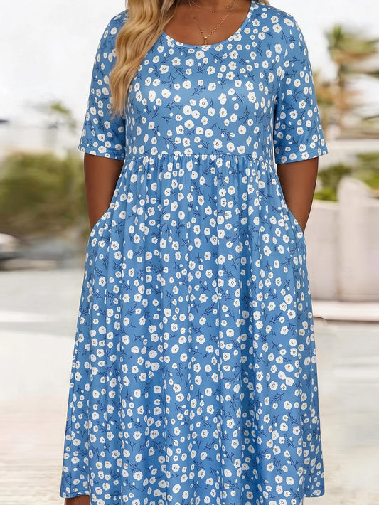 Celeste | Blauwe Midi Jurk met Bloemenprint en Zakken